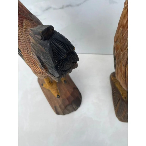 Decoration Antique Two Wooden Carved Rooster Brown Sz 10"x7" - Picture 11 of 11
